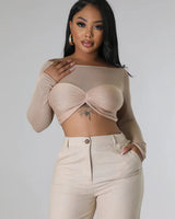 Khloie Taupe Crop Top with Sheer Long Sleeves for women - crop top by Palazzo Couture