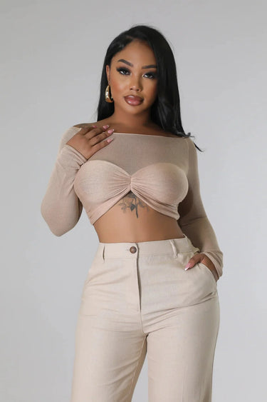 Khloie Taupe Crop Top with Sheer Long Sleeves for women - crop top by Palazzo Couture