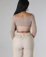 Khloie Taupe Crop Top with Sheer Long Sleeves - festival crop top for women