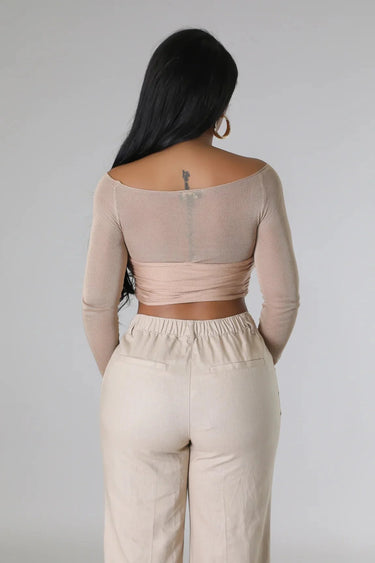 Khloie Taupe Crop Top with Sheer Long Sleeves - festival crop top for women