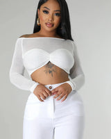 Khloie White Crop Top with Sheer Long Sleeves - women's cropped top