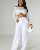 Khloie White Crop Top with Sheer Long Sleeves - trendy women's top