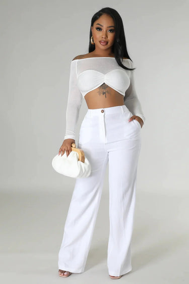 Khloie White Crop Top with Sheer Long Sleeves - chic crop top by Palazzo Couture