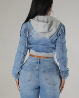 2 of a Kind Denim Jacket with Hoodie and Distressed Details - trendy layering piece for women