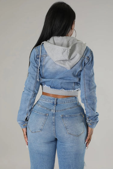 2 of a Kind Denim Jacket with Hoodie and Distressed Details - trendy layering piece for women
