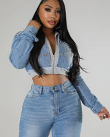 2 of a Kind Denim Jacket with Hoodie and Distressed Details - women's fashion jacket