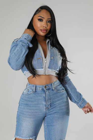 2 of a Kind Denim Jacket with Hoodie and Distressed Details - women's fashion jacket