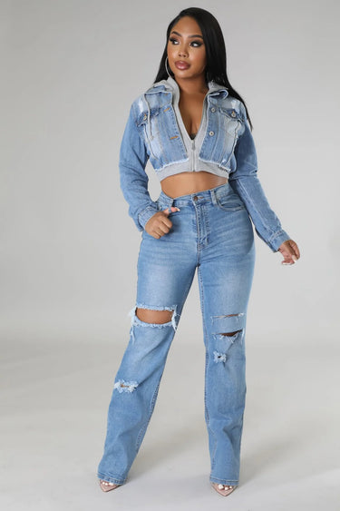 2 of a Kind Denim Jacket with Hoodie and Distressed Details - women's jacket for every occasion