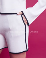 Knit long sleeve V - Neck Top and Shorts Set (White) - Palazzo Couture Online