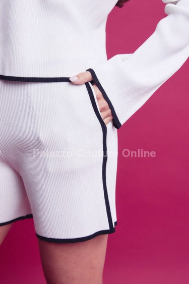 Knit long sleeve V - Neck Top and Shorts Set (White) - Palazzo Couture Online