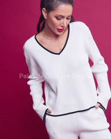 Knit long sleeve V - Neck Top and Shorts Set (White) - Palazzo Couture Online