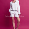 Knit long sleeve V-Neck Top and Shorts Set (White) front view showing complete two piece short set