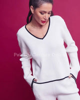 Knit long sleeve V-Neck Top and Shorts Set (White) close up of long sleeve top design and fabric detail
