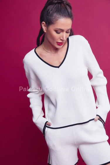 Knit long sleeve V-Neck Top and Shorts Set (White) close up of long sleeve top design and fabric detail