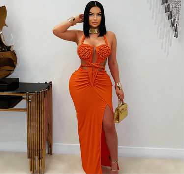 Women's Orange maxi dress cut-out style back view