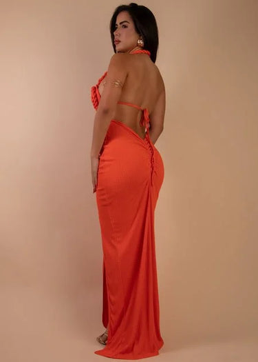 Knotted Temptation Cut-Out Maxi Dress - Orange close up detail of cut-out design and fabric