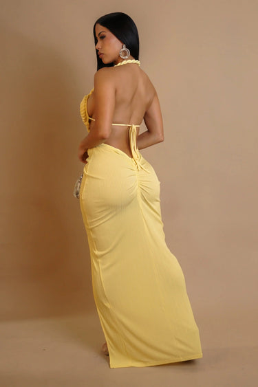 Knotted Temptation Cut-Out Maxi Dress - Yellow close up detail of cut-out design and fabric