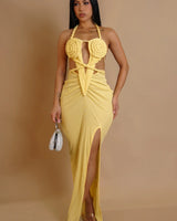 Knotted Temptation Cut-Out Maxi Dress - Yellow front view showing full-length maxi silhouette