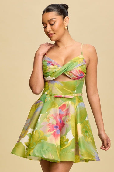 La Fleur Ultra Flare Mini Dress Lime Multi - Palazzo Couture Online