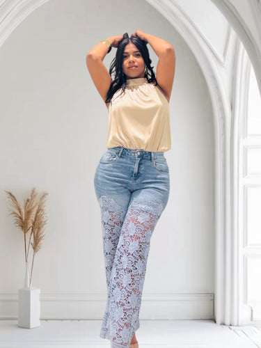 Lace Allure Denim Pants - Palazzo Couture Online