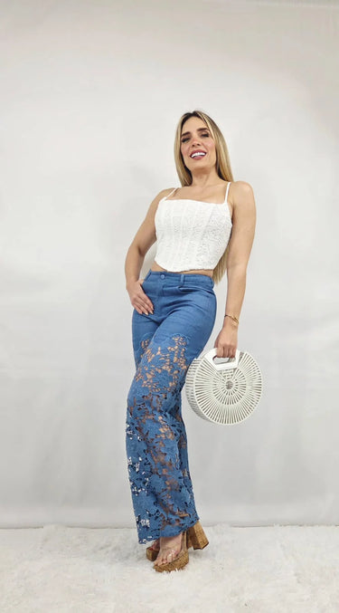 Lace Elegance Two-Piece Pant Set close up of lace top design and fabric detail
