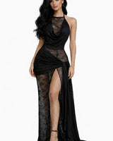 Lace Illusion Draped Halter Gown Maxi Dress - Black front view showing full-length maxi silhouette