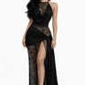 Lace Illusion Draped Halter Gown Maxi Dress - Black front view showing full-length maxi silhouette