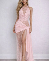 Lace Illusion Draped Halter Gown Maxi Dress - Pink front view showing full-length maxi silhouette