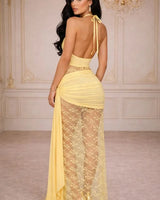 Lace Illusion Draped Halter Gown Maxi Dress - Yellow close up detail of halter design and fabric