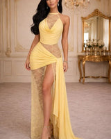 Lace Illusion Draped Halter Gown Maxi Dress - Yellow front view showing full-length maxi silhouette