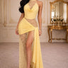 Lace Illusion Draped Halter Gown Maxi Dress - Yellow front view showing full-length maxi silhouette
