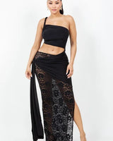 Laced Muse Cut-Out Maxi Dress - Black side view highlighting floor-length hemline