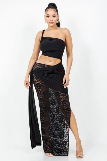 Laced Muse Cut-Out Maxi Dress - Black side view highlighting floor-length hemline