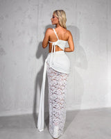 Laced Muse Cut-Out Maxi Dress -  Ivory close up detail of cut-out design and fabric
