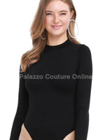 Lara High Crotch Mockneck Bodysuit (Black) side view showing seamless bodysuit fit