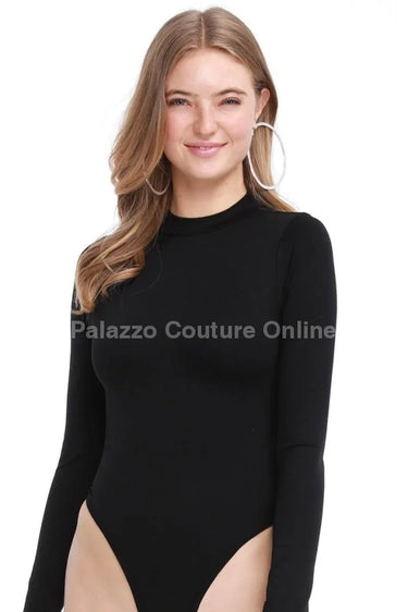 Lara High Crotch Mockneck Bodysuit (Black) side view showing seamless bodysuit fit