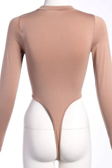 Lara High Crotch Mockneck Bodysuit (Nude) close up of fitted fabric and design detail