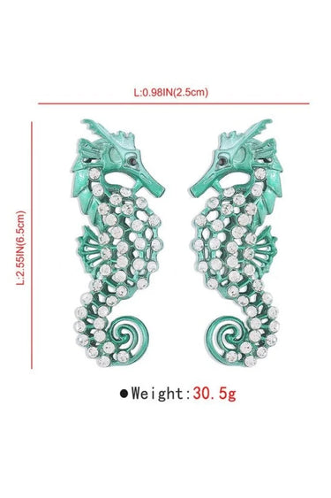 Large Seahorse Earrings Full Rhinestone Drop  (Green) - chic women's accessory