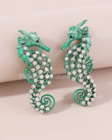 Large Seahorse Earrings Full Rhinestone Drop  (Green) - trendy women's jewelry