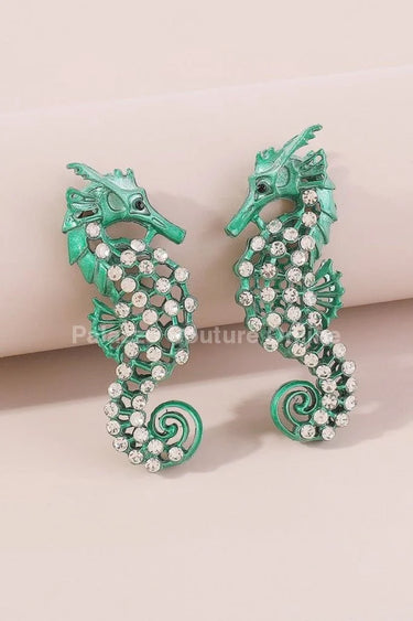 Large Seahorse Earrings Full Rhinestone Drop  (Green) - trendy women's jewelry