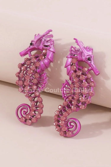 Large Seahorse Earrings Full Rhinestone Drop (Fuchsia) - trendy women's jewelry