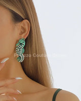 Large Seahorse Earrings Full Rhinestone Drop  (Green) - women's statement jewelry