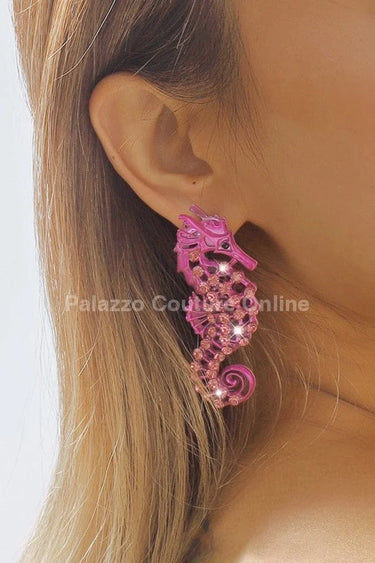 Large Seahorse Earrings Full Rhinestone Drop (Fuchsia) - women's statement jewelry