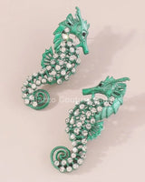 Large Seahorse Earrings Full Rhinestone Drop  (Green) - stylish accessory for every outfit