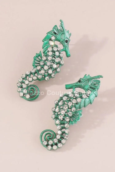 Large Seahorse Earrings Full Rhinestone Drop  (Green) - stylish accessory for every outfit
