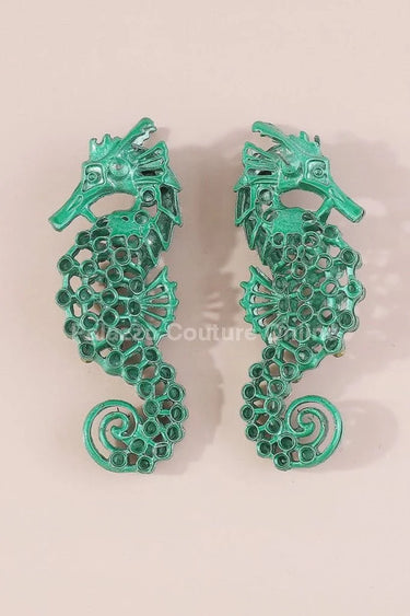 Large Seahorse Earrings Full Rhinestone Drop  (Green) - elegant piece by Palazzo Couture