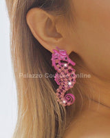 Large Seahorse Full Rhinestone Drop Earrings(Fuchsia) - Palazzo Couture Online