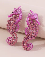 Large Seahorse Full Rhinestone Drop Earrings(Fuchsia) - Palazzo Couture Online