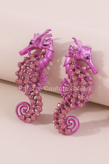 Large Seahorse Full Rhinestone Drop Earrings(Fuchsia) - Palazzo Couture Online