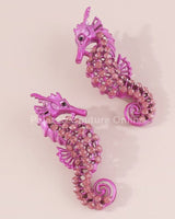 Large Seahorse Full Rhinestone Drop Earrings(Fuchsia) - Palazzo Couture Online